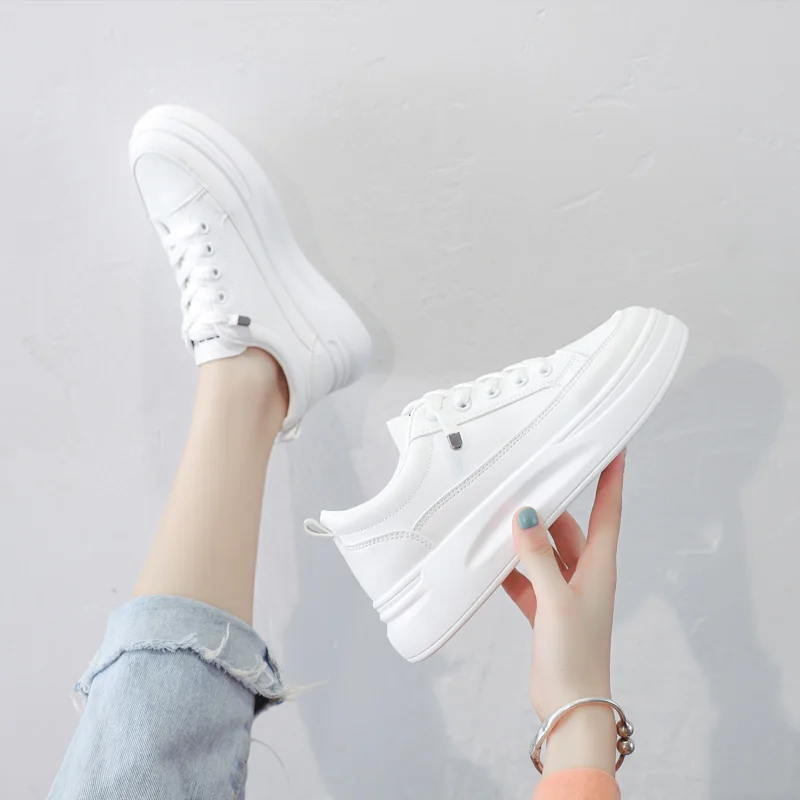 Leather Platform Shoes White Black Spring Sneakers Ladies Shoes Casual Fashionable Lace Up Chunky Sneakers Women Sport