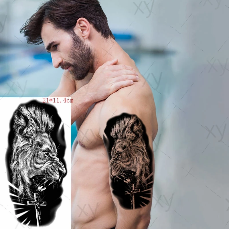 

Водостойкая временная татуировка-наклейка, черный красивый Лев, крест, боди-арт, грудь, спина, живот, искусственная татуировка для женщин и мужчин