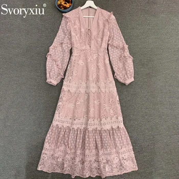 

Svoryxiu Runway Designer Women Summer Pink Vintage Party Dress Ladies Sexy V-Neck Ruffles Lace Embroidery Elegant Long Dresses