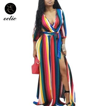 

Rainbow Stripe Print Dress Off Shoulder Convertible Plunging Neckline Dress Sukienka High Split Dress Women Long Sleeve Keyhole