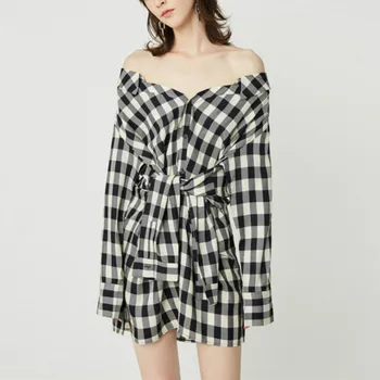 

New Designer Plaid Printed Mini Dress Women Autumn Slim Sleeve Sashes Patchwork Dresses Lady Sexy Off the Shoulder Party Vestido