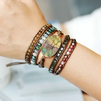 Native Inspired Beads Leather Bracelet Labradorite Crystal 5 Strands Woven Wrap Bracelets Bohemian Statement Bracelet Dropship