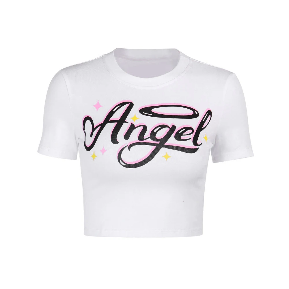 Hc721e5b4569e46e6b0ec9be464cd4019J - Angel Letter Printed Short Sleeve T-Shirts