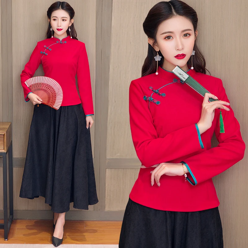  online Chinese store ropa mujer traditional women shirt autumn elegant vintage long sleeve mandarin