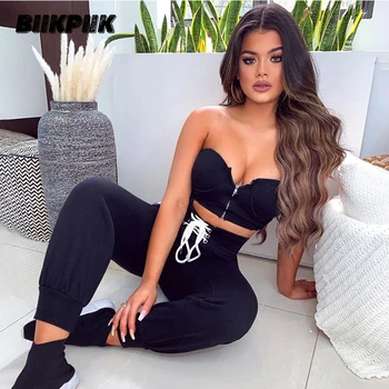 

BIIKPIIK Drawstring Zipper Matching Sets 2020 New Fashion Casual Sporty Fitness Two Piece Sets For Women Jogging Workout Suit