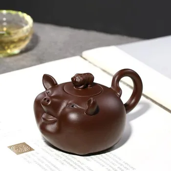 

Lucky Pig Purple Clay Pot Chinese Style Handmade Teapot Crafts Teaware Fun Pig Nose Pour Water Tea Pot Kitchen Household Tool