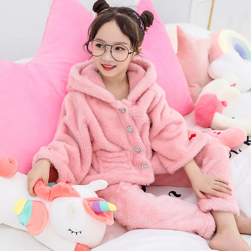 Christmas Pajamas Kids Pajamas Set Winter Faux Fur Sleepwear Ear Hooded Coat Jacket Tops Pants Warm Outwear Pajama Set Gh4