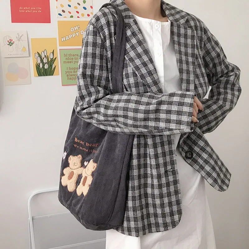 Bolso de hombro de PANA con bordado de ositos de la suerte para mujer, bolsa de lona a rayas, de tela ecológica, bolsas de compras bonitas y suaves