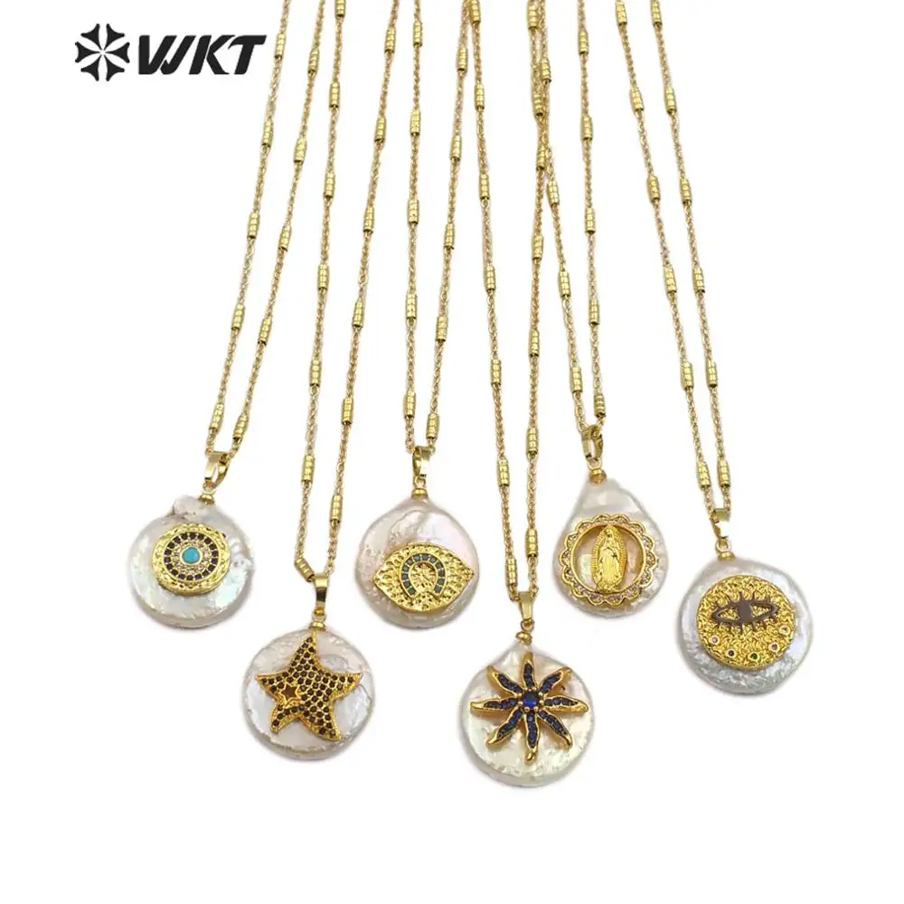 

WT-MN953 Natural Freshwater Pearl&CZ Pave Necklac Round Shape White Pearl With Star Anise star Evil Eye Charm Necklace Pendant