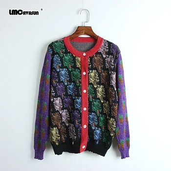 

LMC/ Autumn Winter Luxury Silk Sweater Cardigans Women Runway Designer Tiger Print Long Sleeve Ladies Purple Knit Jumper Clothes