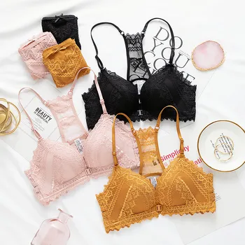 

sexy thicken Cups Bras panty Lingerie Set Front Button tranparent Bra Briefs sets French lace bralette push up Underwear women