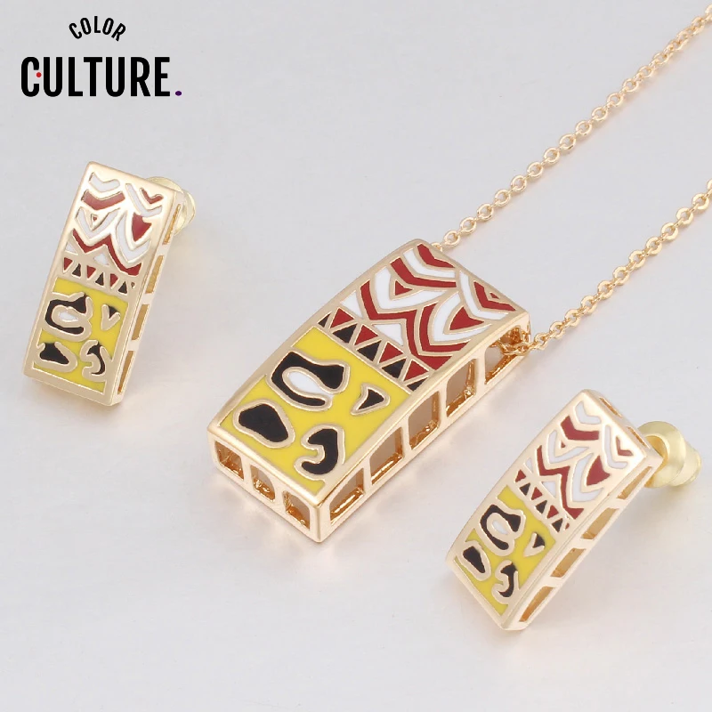 

2019 New Gold-color Jewelry Sets for Women Pattern Design Shape Vintage Adornment Enamel Jewelry Sets(Necklace, Earring)