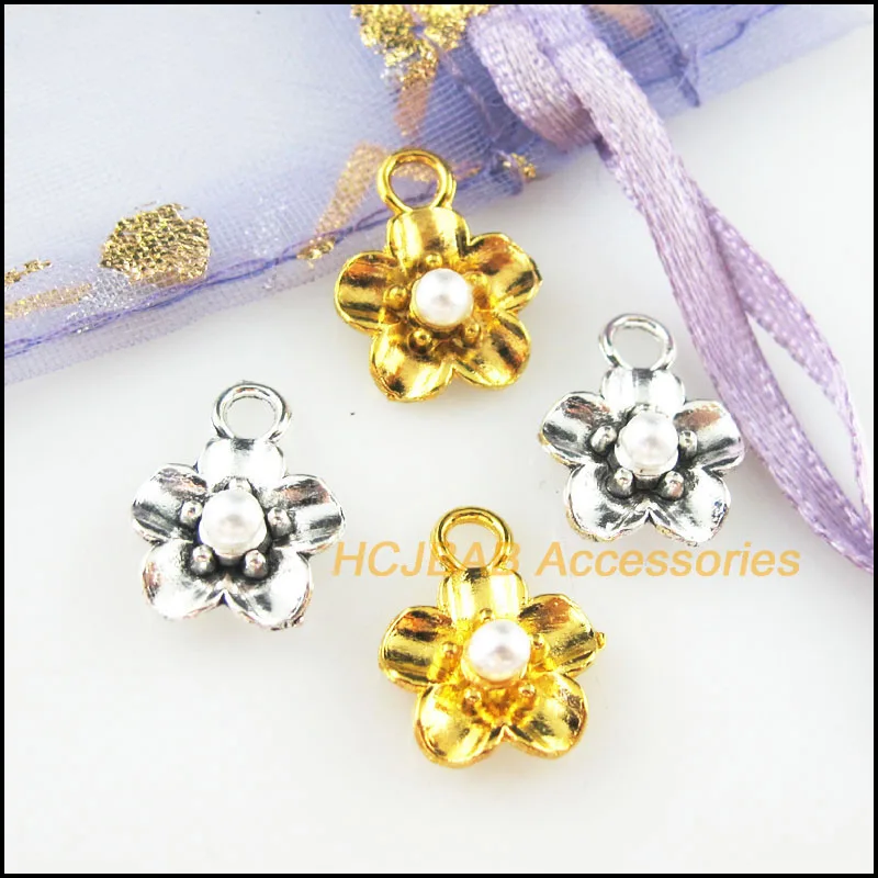 25Pcs Gold Tibetan Silver Tone Star Flower White Acrylic Beads Charms Pendants 11.5x15mm