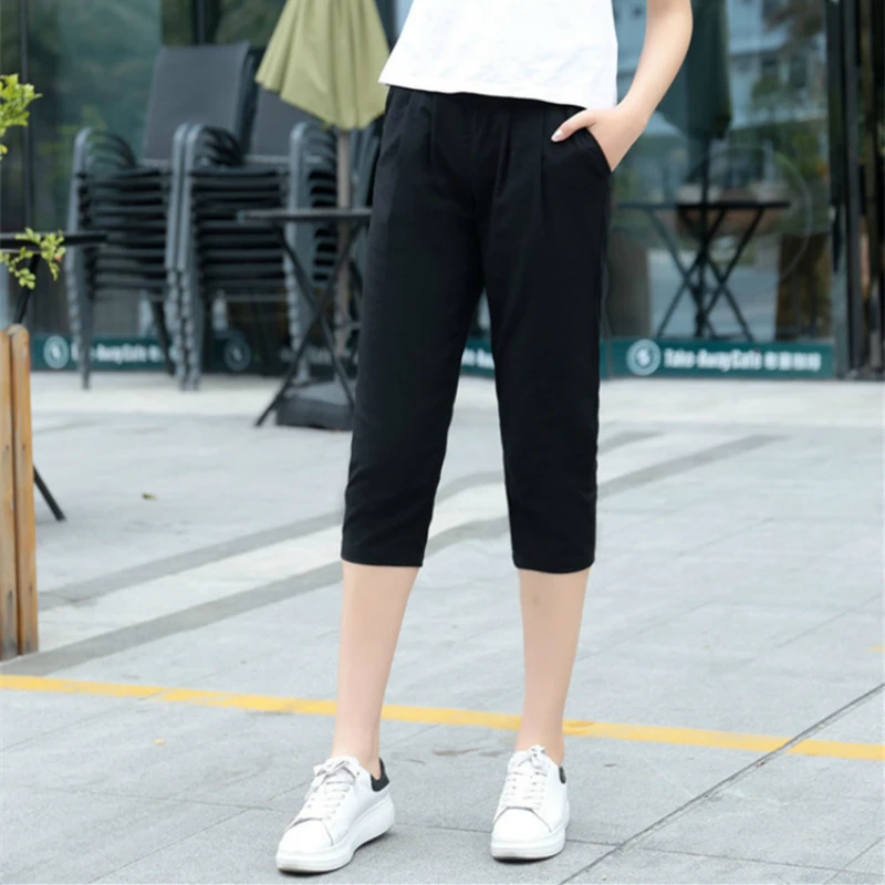 Summer New Women's Casual Solid Color Pants Capris Fashion Cotton Linen Harem Pants Elastic Waist Calf-Length Pants Summer New Women's Casual Solid Color Pants Capris Fashion Cotton Linen Harem Pants Elastic Waist Calf-Length Pants