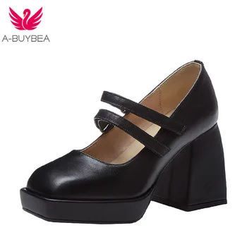 

2020 Fashion Spring Summer Woman Pumps Genuine Leather High Quality Office Lady Square Toe Square Heeled Shoes Woman
