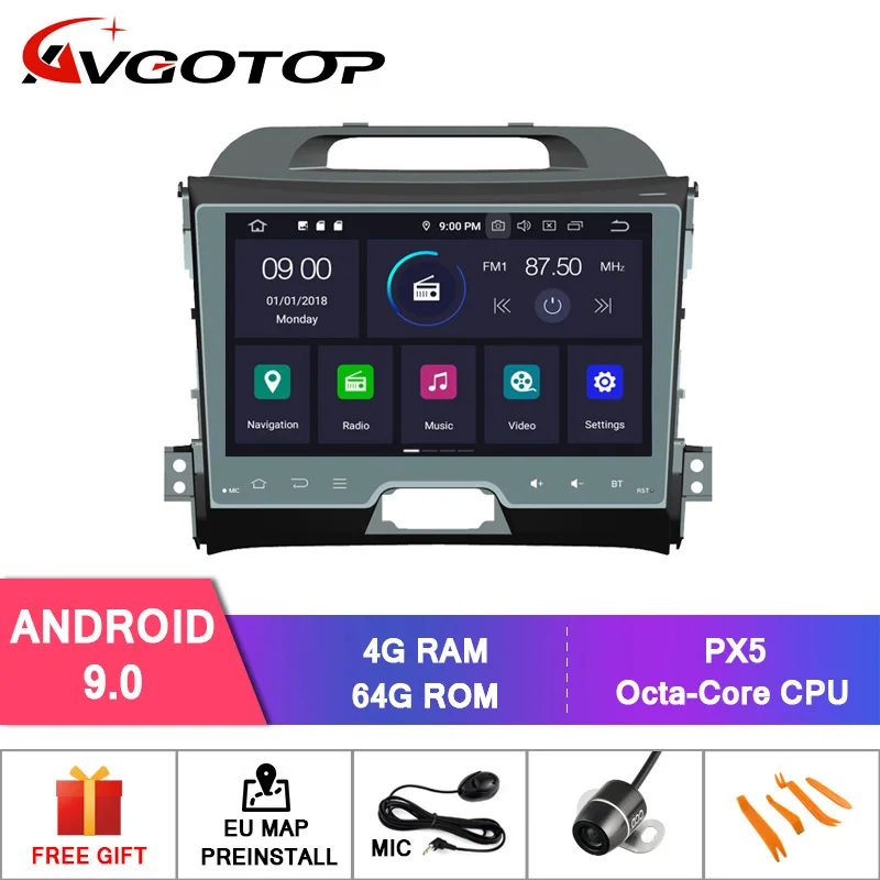 AVGOTOP Android 9,0 4 Гб+ 64 ГБ Автомобильный dvd-плеер для KIA SPORTAGE 2010- ips HD экран навигация