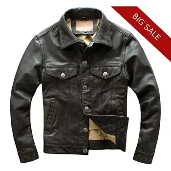 

2020 Vintage Brown Men Casual Leather Jacket Single Breasted Plus Size 4XL Genuine Cowhide Russian Autumn Slim Fit Natural Coat