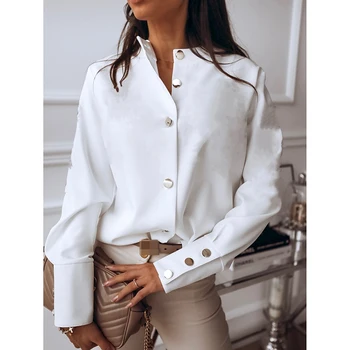 

Women Clothing Solid Stand Collar Buttons Elegant Casual Blouse Office Lady Plus Size S-3XL All-match Long Sleeve Shirt SJ5350E