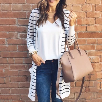 

2019 Autumn Striped Fashion New Womens Kimono Cardigan Open Front Korean Slim Bodycon Long Sleeve Long Sweaters Streetwear