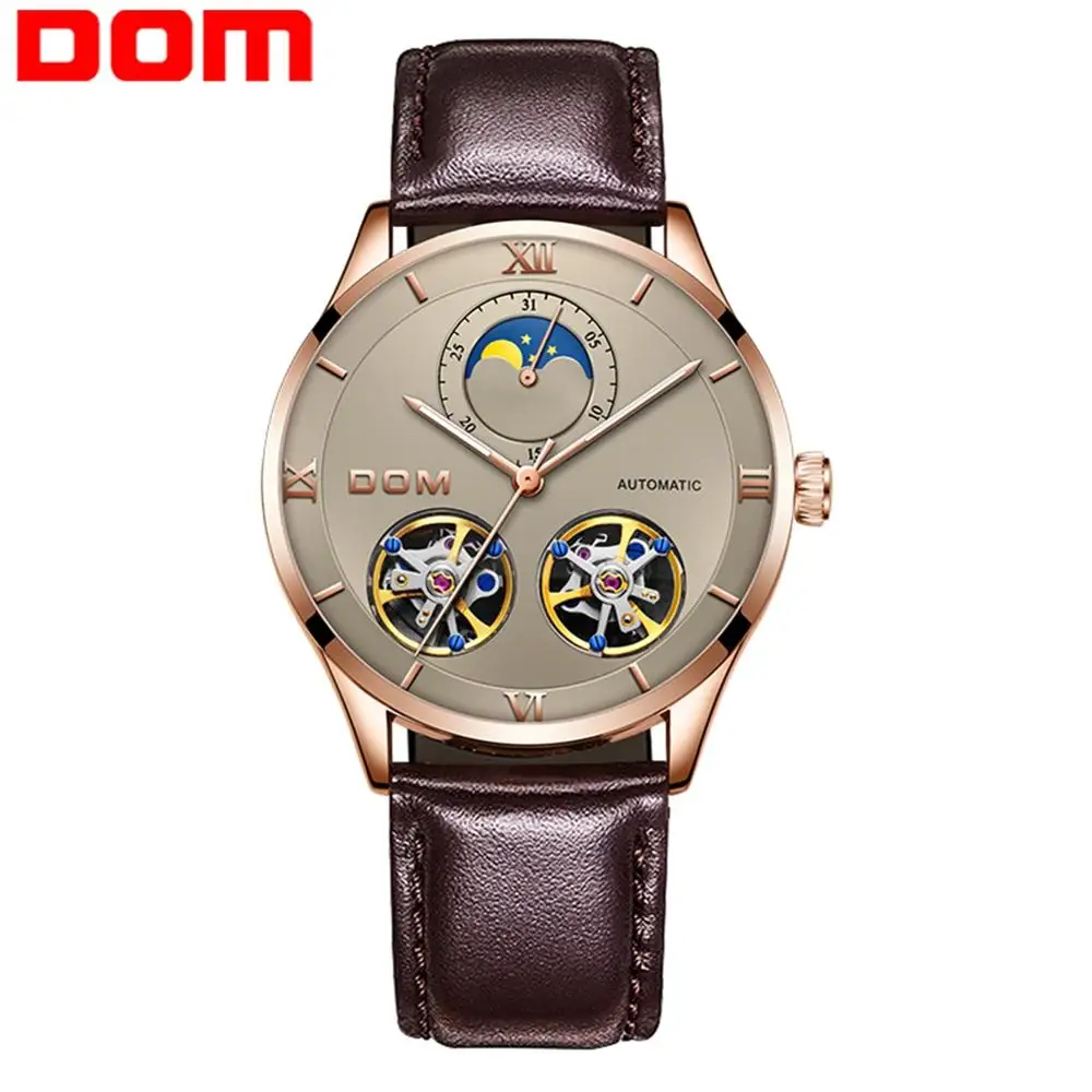 

DOM Brand Men Watch Moon phase Brown Genuine Leather Men Automatic Wrist Watch Top Brand Luxury Sport Male Clock M-1270GL-5M