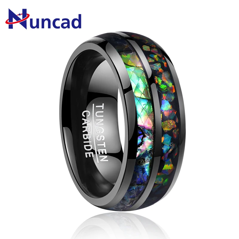 

2019 8mm width 100% genuine wedding band tungsten carbide Electroplated black inlaid shell + Opal dome tungsten steel ring