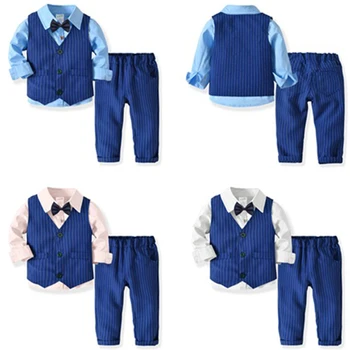 

4Pcs Baby Fashion Suit Cotton Boy Long Sleeve Stripe Shirt+Double Vest+Trousers Gentleman Bow Tie Suit Baby Birthday Party Dress