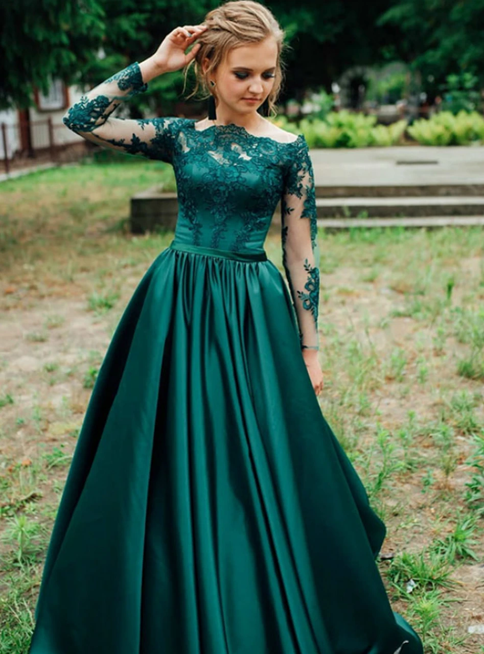 VKbridal Green Satin Evening Dress 2019 Elegant A-Line Appliques Long Sleeve Off the Shoulder Prom Dresses VKbridal Green Satin Evening Dress 2019 Elegant A-Line Appliques Long Sleeve Off the Shoulder Prom Dresses