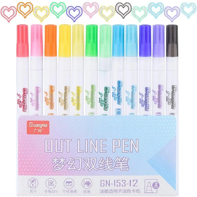 12pcs/set Outline Metallic Markers, Double Line Magic Shimmer