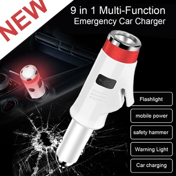 

9 in 1 Car Charger Safety Hammer Quick USB Charger Base Window Breaker Cutter Tactical Flashlight for Car Emergency Tool