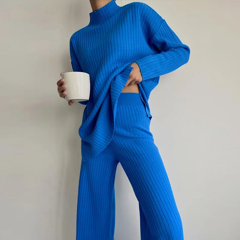 Knitted Women Sets 2 Piece Outfits Solid Casual Pullover Tops Hight Waist Long Pants 2021 Winter Oversized Sweater Blue Suits red jogging suit Suits & Blazers