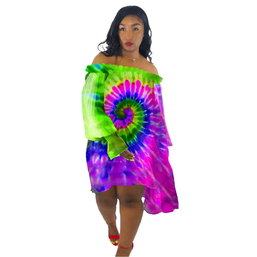 

Tye Dye Dress Loose Off Shoulder Chiffon Beach Dresses Women Summer Club Neon Irregular Rainbow Dress Plus Size High Quality