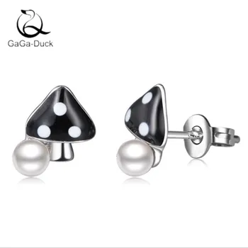 

New Personality Exquisite Creative Color Epoxy 925 Sterling Silver Fashion Jewelry Black Mushroom Pearl Stud Earrings E430