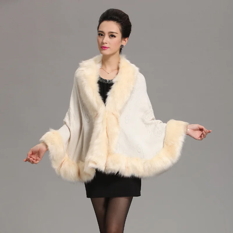Beige3 Осенне-зимняя модная женская накидка из искусственного лисьего меха с большим шерстяным воротником, пончо, большие размеры Трикотаж, шаль, женский теплый кашемировый плащ - Цвет: Beige3
