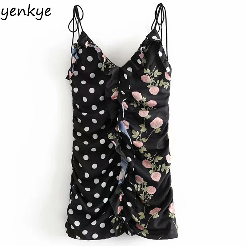 

Summer Dress 2019 Women Polka Dot Floral Print Draped Bodycon Mini Dress Romantic Lay V Neck Backless Ruffle Sling Sexy Dress