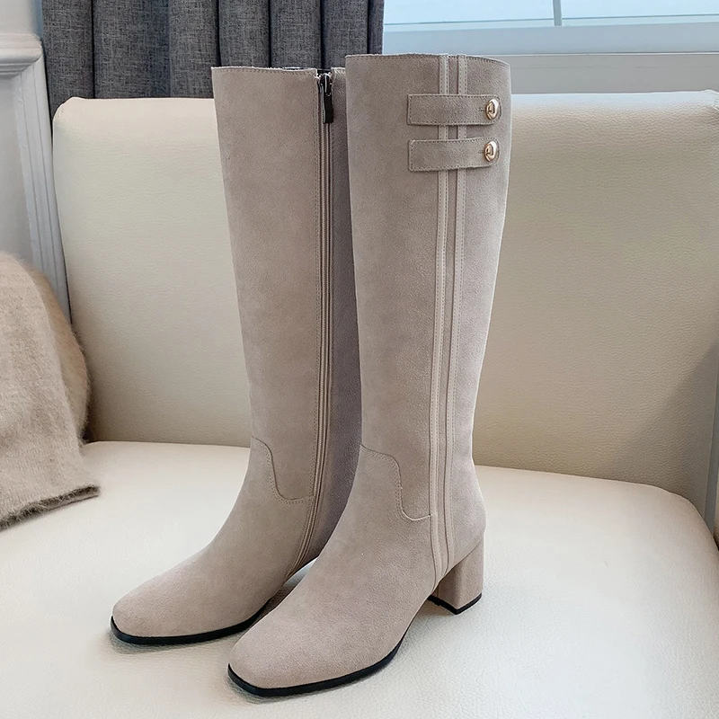 

Women's genuine suede leather thick high heel knee high boots high quality female winter warm plush long boots buckle shoes sale