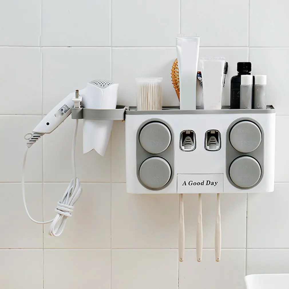 

Wall Mount Toothpaste Squeezer Automatic Toothpaste Dispenser Toothbrush Holder Bathroom Accessories Storage Rack with 5 Cup