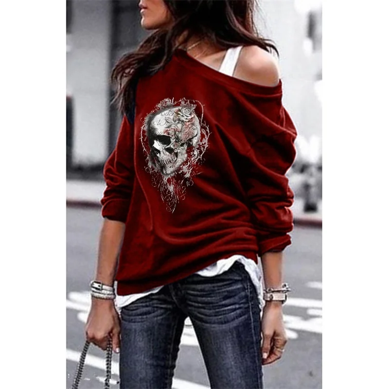 2021 New S-5XL Women Spring Fashion Style One Shouder Casual Long Sleeve T-Shirt Tops Sexy Skull  Plus Size Full T-shirt Tops sport t shirt Tees