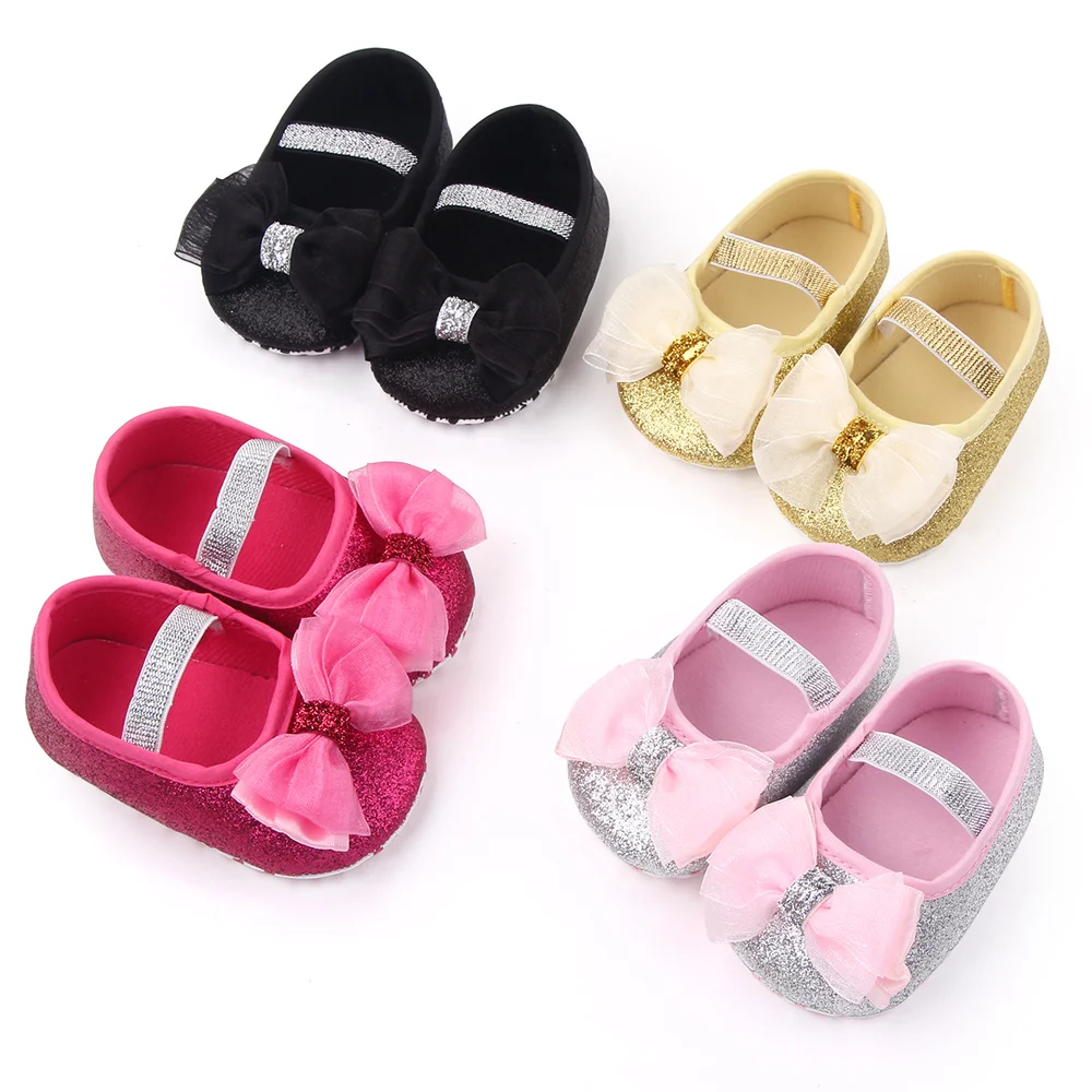 Baby Girls Sequins Doll Shoes Mary Jane Flats Glitter Lace Bowknot Lovely Princess Shoes Anti-Slip First Walkers Infant Footwear