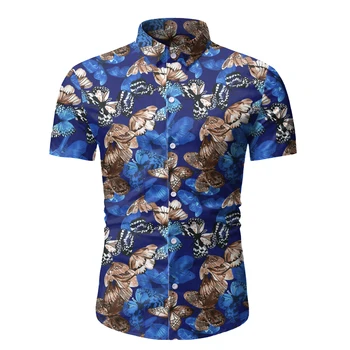 

2020 Summer Hawaiian Short Sleeve Shirt Men Cotton Flamingos Floral Printed Casual Dress Shirts Men Clothes Fashion M-3XL