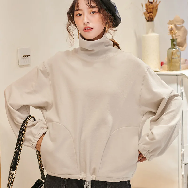 

2019 Women's Clothing Loose Fashion Swing Line Autumn and Winter High-collar Clothing Plus Velvet Pullovers Sweatshirt Women