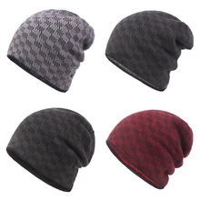 Клетчатые шапки мужские кепки в стиле хип-хоп двухслойные вязаные шерстяные черепа утолщенные плюс бархатные шапки для мужчин зимние крутые Gorros