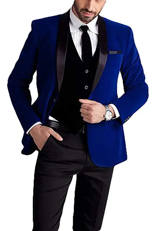 

Men's One Button Royal Blue Suit Velet Wedding Suits Groom Tuxedos Vested Three Pieces Suit(Jacket+Vest+Pant)