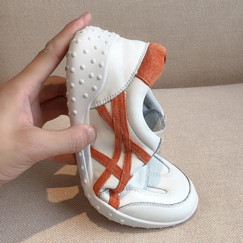 

Genuine Leather White Shoes Lace up Front Casual Shoes 2019 Spring And Autumn round-Toe Flat Top Shoes Non-slip Sole S506756