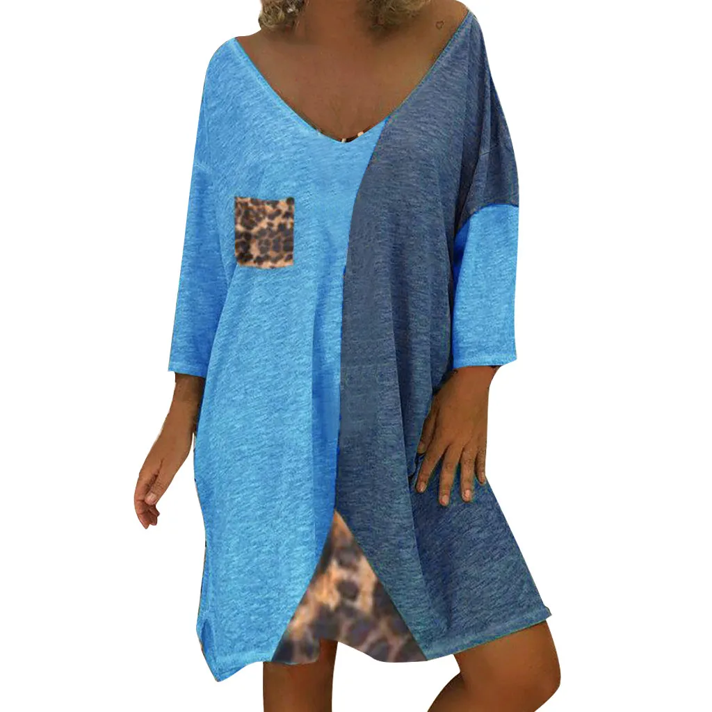 MISSOMO размера плюс 5XL платье женское винтажное свободное леопардовое лоскутное мини-Пляжное летнее платье с длинным рукавом vestidos - Цвет: BU