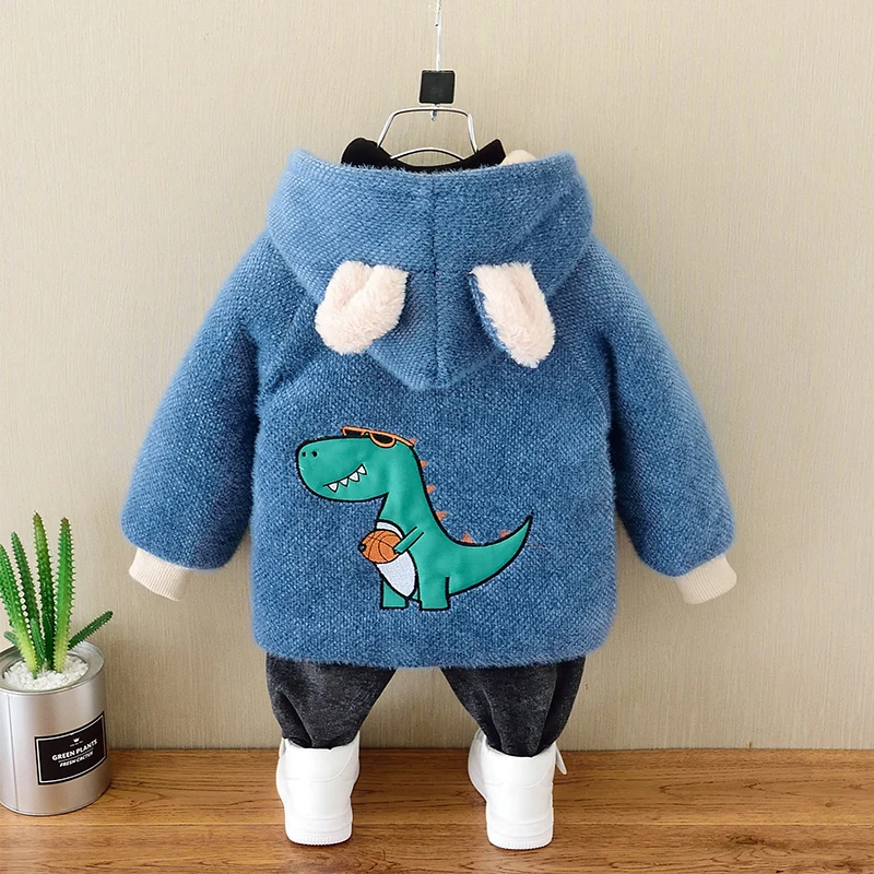 blue dinosaur Флисовая Куртка с рисунком для маленьких мальчиков и девочек; плотная теплая детская одежда; сезон осень-зима; детская куртка; парка; Верхняя одежда; Детское пальто динозавр - Цвет: blue dinosaur