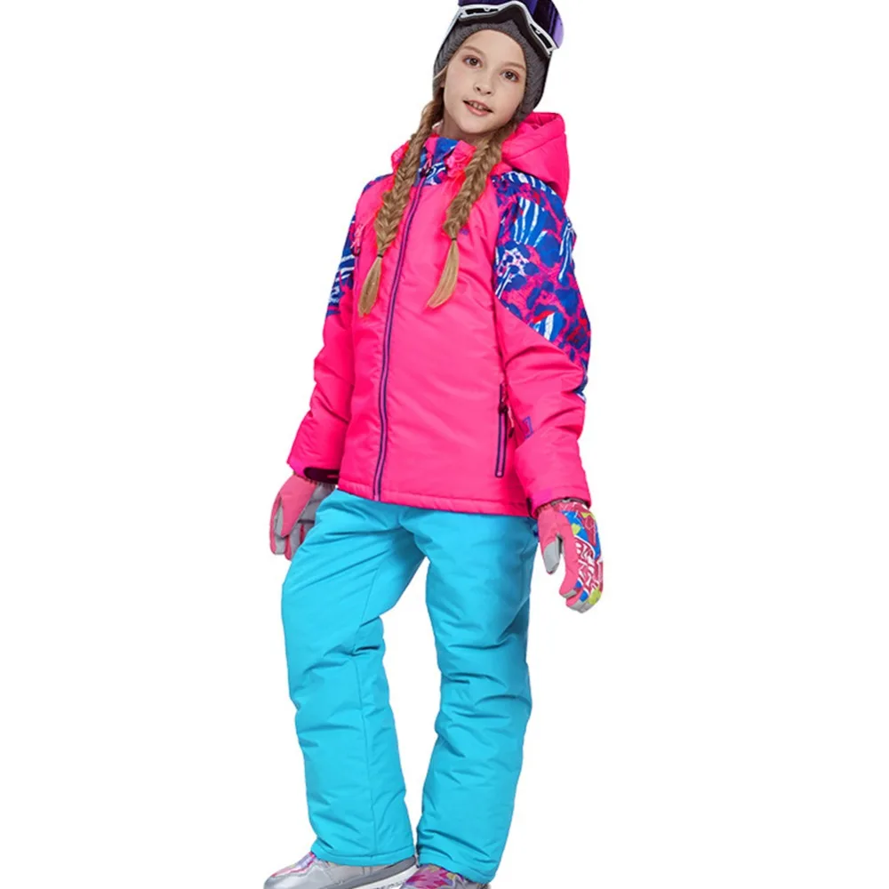 Зимняя спортивная одежда для девочек, комплект лыжной одежды, утепленная теплая верхняя одежда, ветрозащитная водонепроницаемая куртка+ брюки на ремешке, костюм с капюшоном для сноуборда