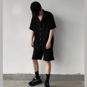 

2020 Summer Men 2 Pieces Sets Suits Shirt Shorts Male Vintage Short Sleeve Loose Pullover Casual Japan Streetwear Shirt