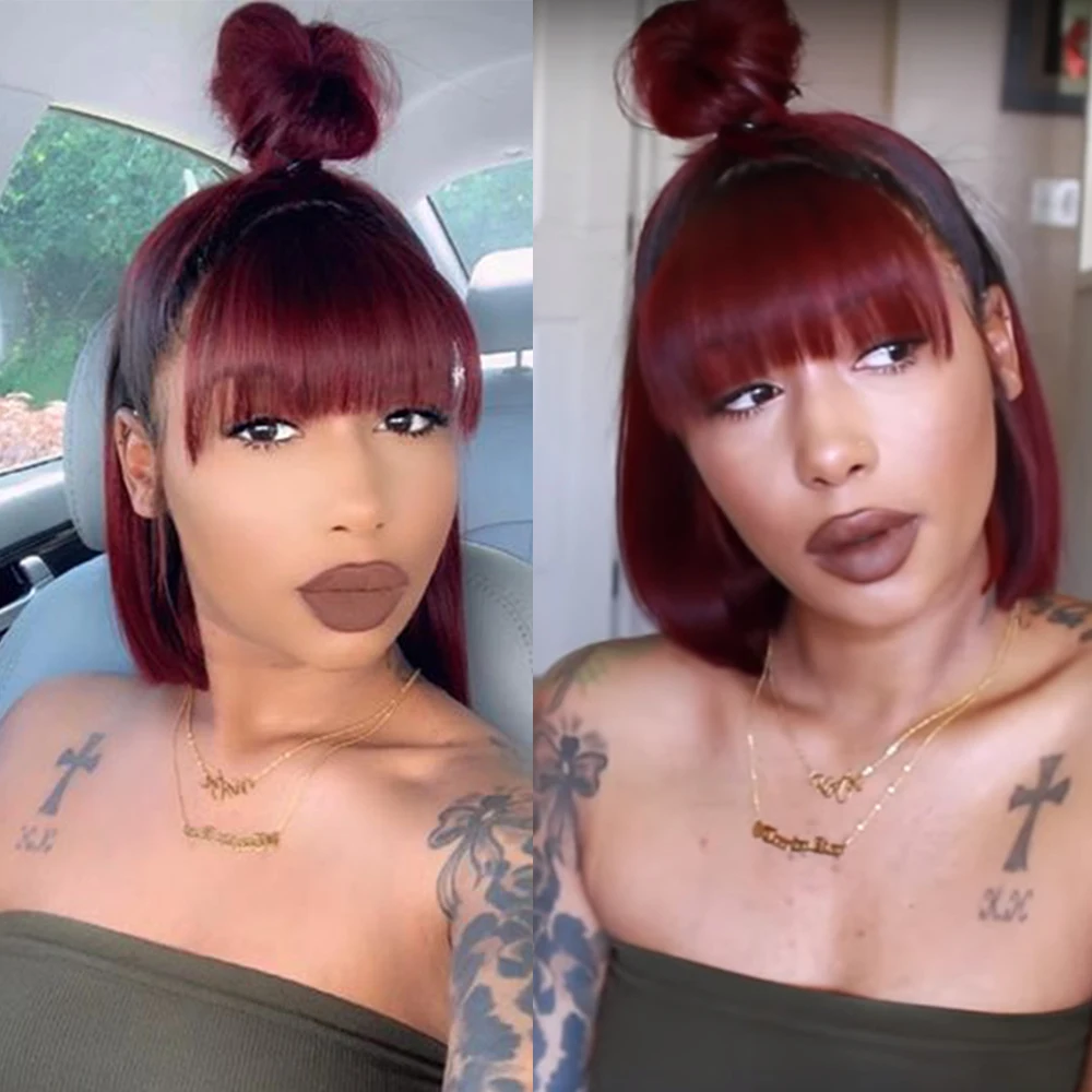 Comprar Peluca frontal de encaje Borgoña pelucas de cabello humano de color Ombre pelo rojo predesplumado recto 1B 99J para mujeres Remy peruano Aimoonsa