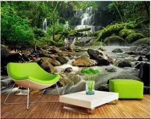 

3d wall murals wallpaper for walls in rolls Green forest landscape with flowing water waterfall Custom mural photo wallpaper