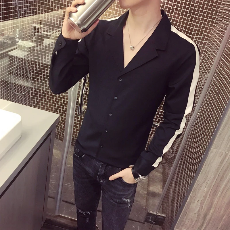 Черный Camisa hombre, Осень-зима, новинка, уличная одежда, мужские рубашки, мода, пэчворк, цвет, длинный рукав, светская рубашка для мужчин, блузка для мужчин - Цвет: Черный